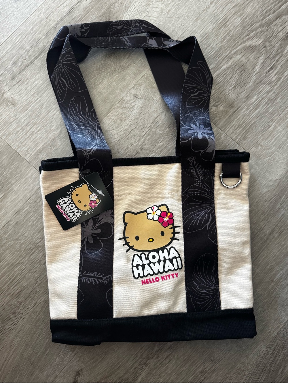 Hello Kitty Aloha Hawaii Canvas Tote in Cream and Black with Floral Straps